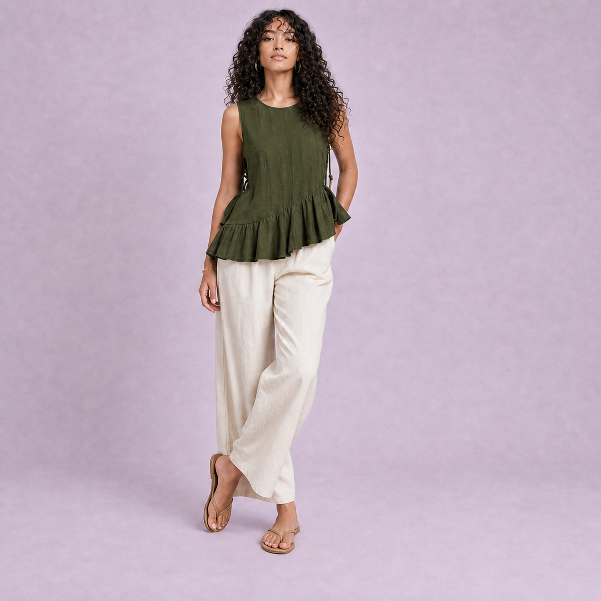Linen Peplum Top in Moss Green, Ratń Swamini