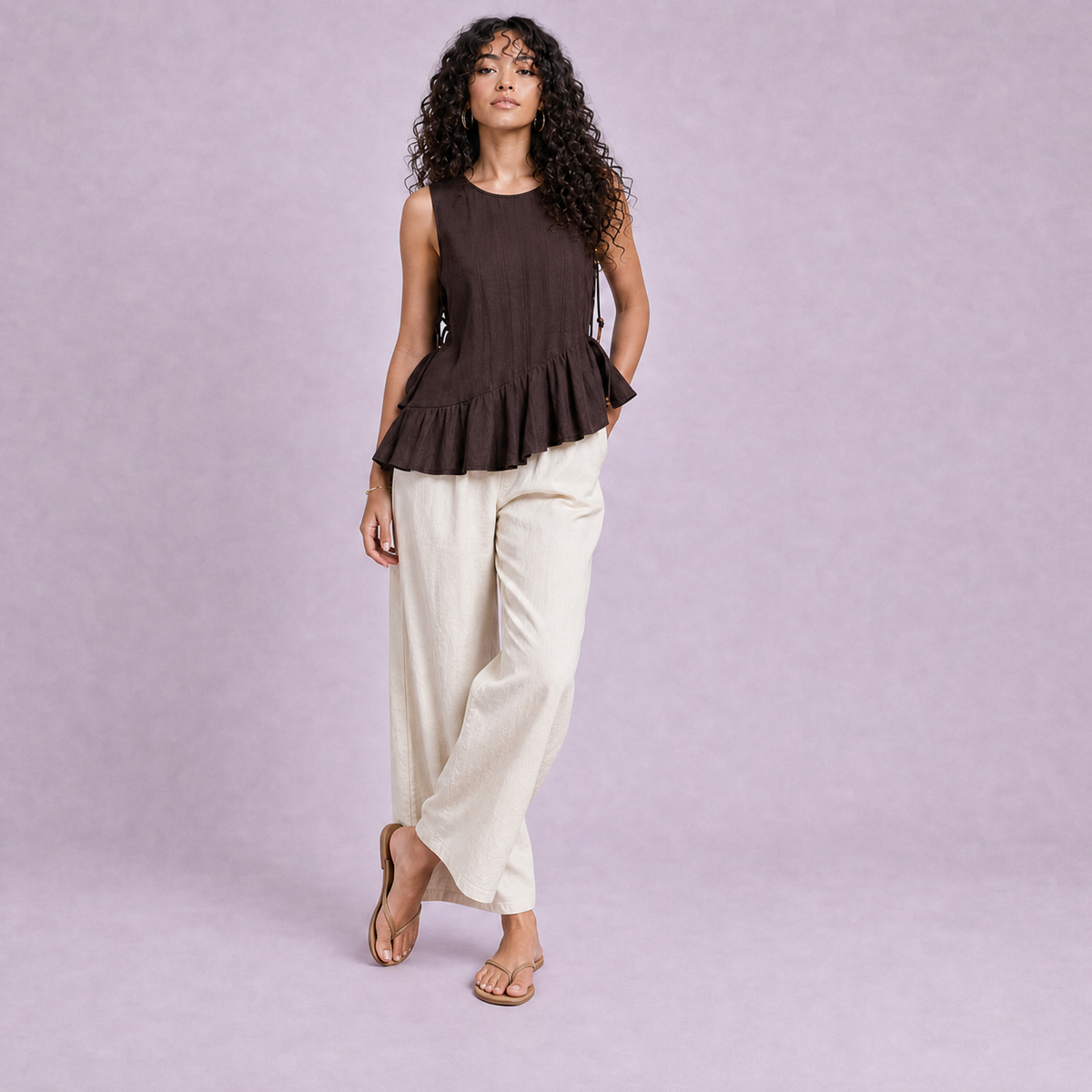 Linen Peplum Top in Chocolate Brown, Ratń Swamini