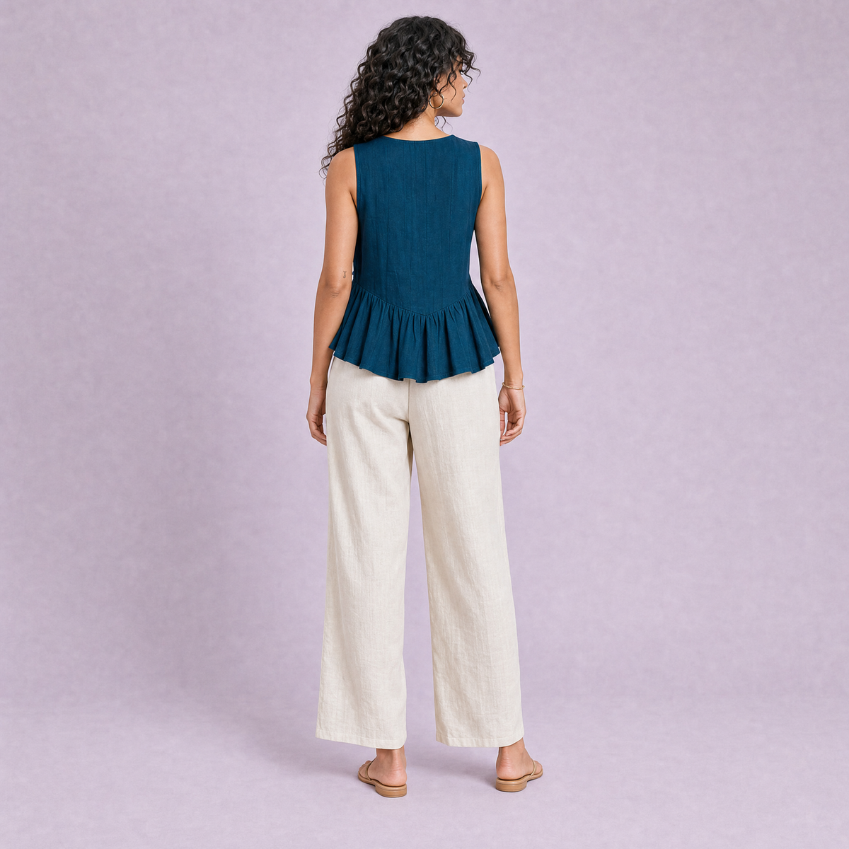 Linen Peplum Top in Blue Teal, Ratń Swamini