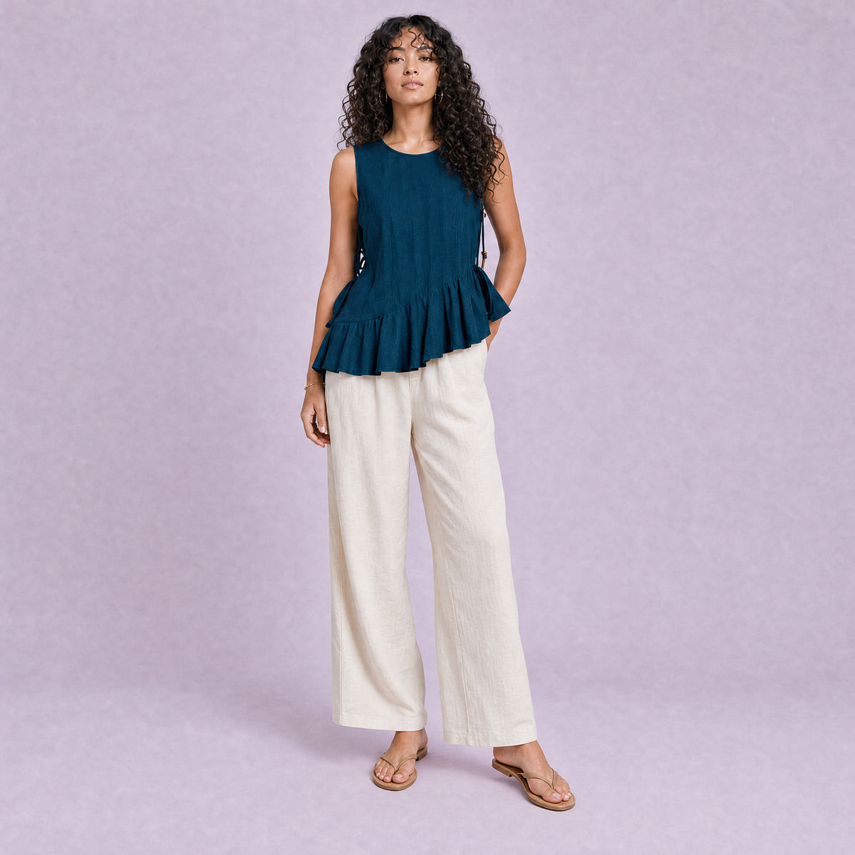 Linen Peplum Top in Blue Teal, Ratń Swamini