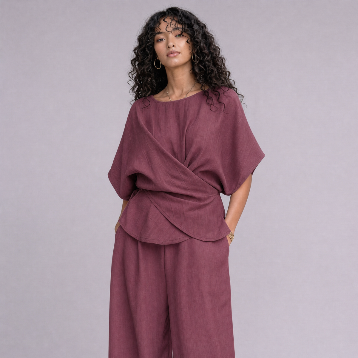 Linen Wrap-Front Top & Wide Leg Trouser Co-ord Set in Garnet, Ratń Swamini