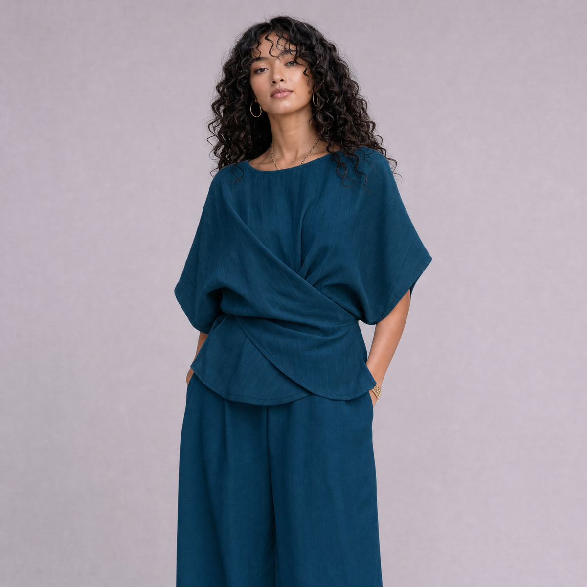 Linen Wrap-Front Top & Wide Leg Trouser Co-ord Set in Blue Teal, Ratń Swamini