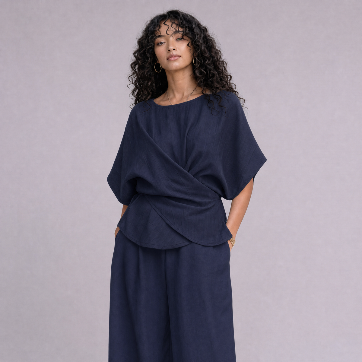 Linen Wrap-Front Top & Wide Leg Trouser Co-ord Set in Navy Blue, Ratń Swamini