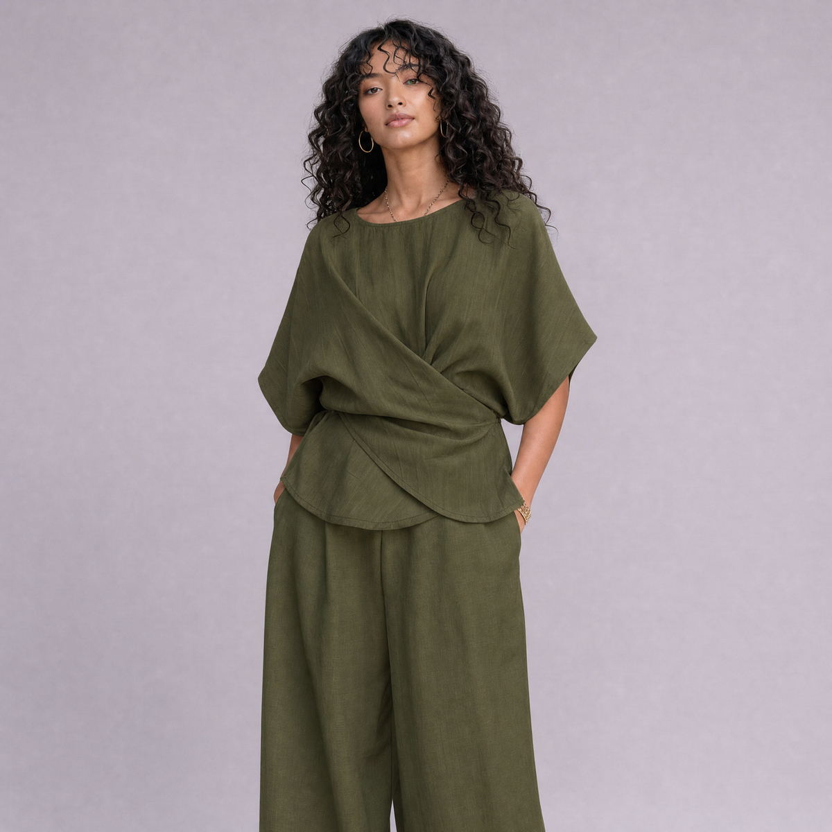 Linen Wrap-Front Top & Wide Leg Trouser Co-ord Set in Moss Green, Ratń Swamini