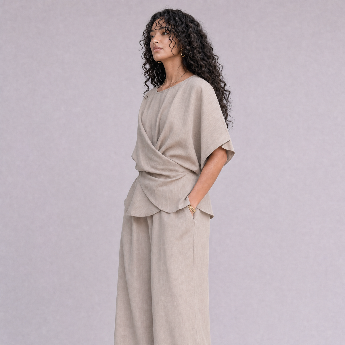 Linen Wrap-Front Top & Wide Leg Trouser Co-ord Set in Natural, Ratń Swamini