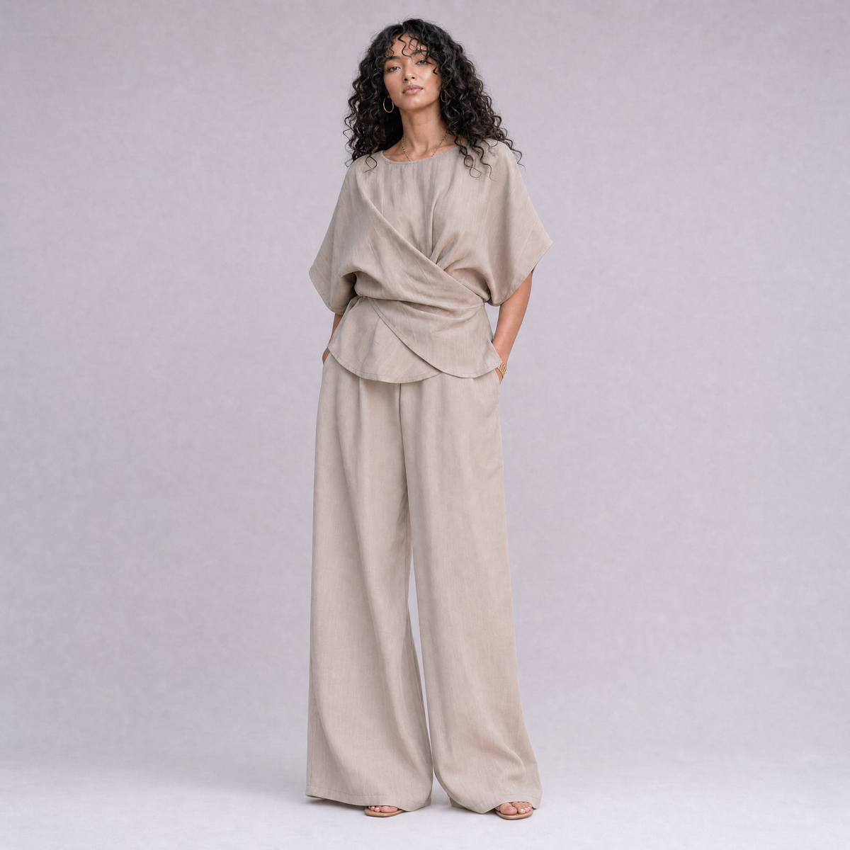 Linen Wrap-Front Top & Wide Leg Trouser Co-ord Set in Natural, Ratń Swamini