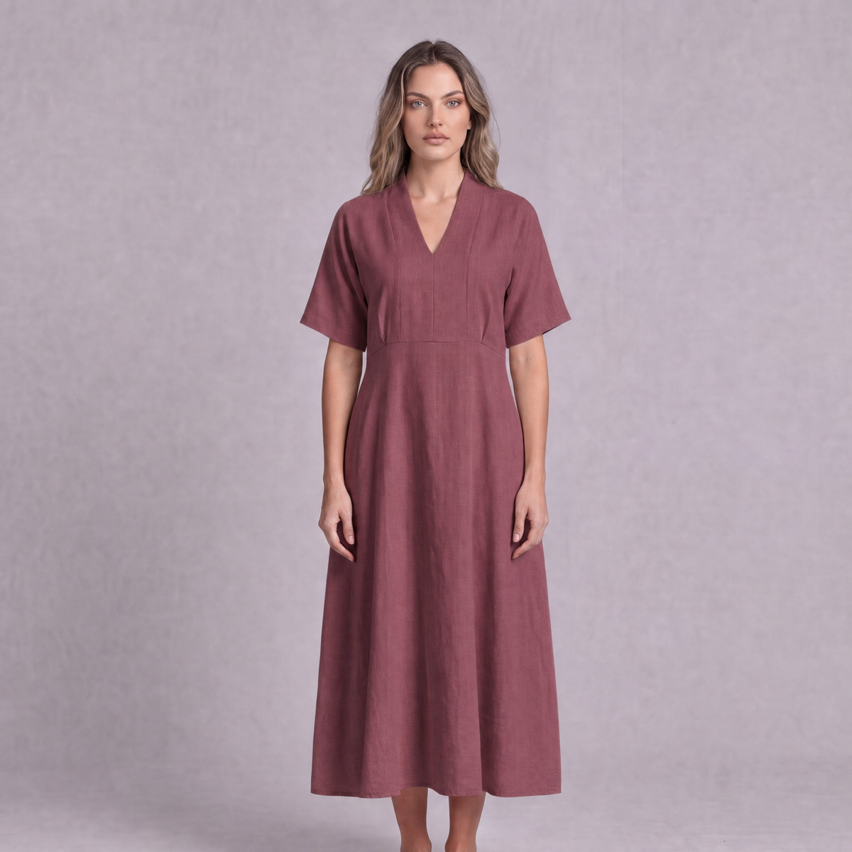 Linen Empire Waist Dress in Garnet, Ratń Swamini
