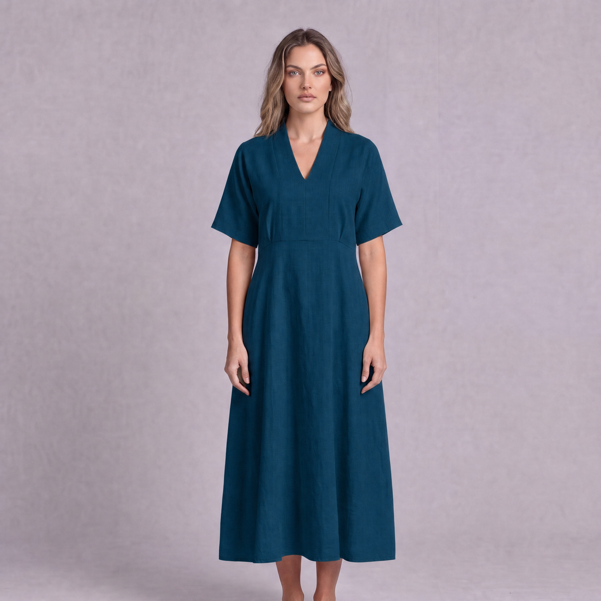 Linen Empire Waist Dress in Blue Teal, Ratń Swamini