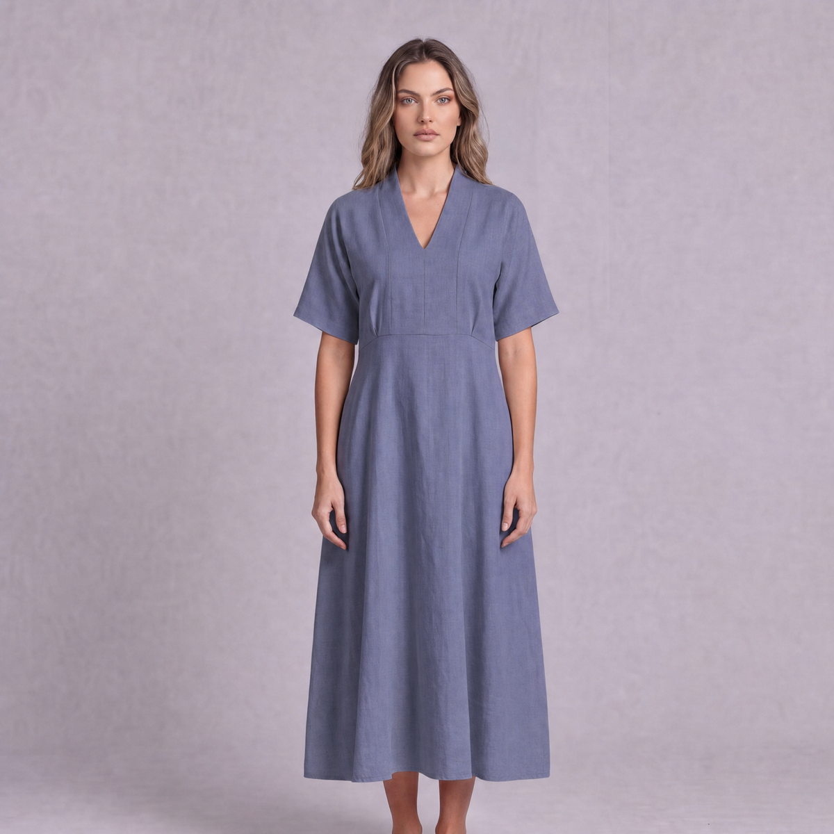 Linen Empire Waist Dress in Slate Periwinkle Blue, Ratń Swamini
