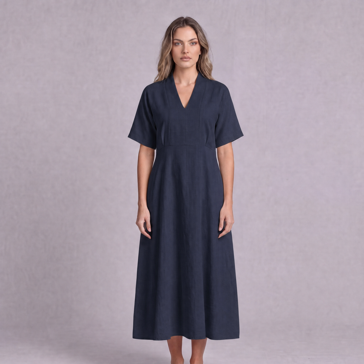 Linen Empire Waist Dress in Navy Blue, Ratń Swamini