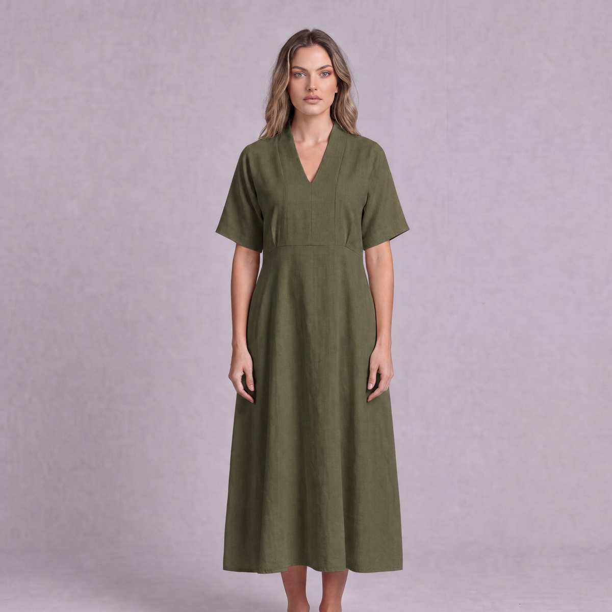 Linen Empire Waist Dress in Moss Green, Ratń Swamini