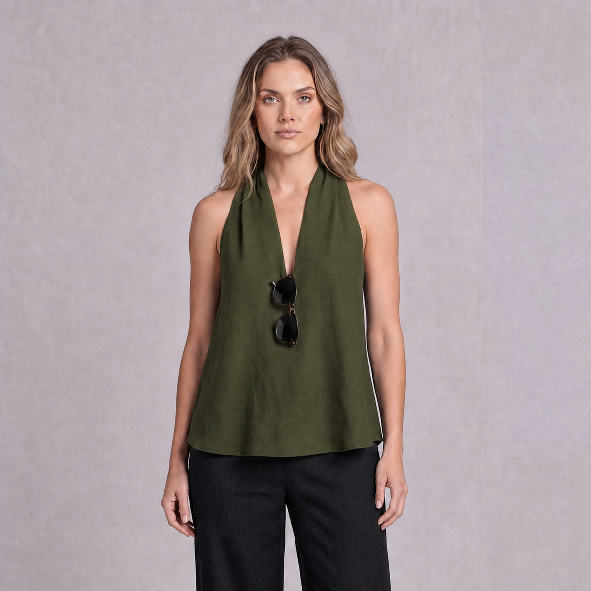 Linen Halter Neck Top in Moss Green, Ratń Swamini