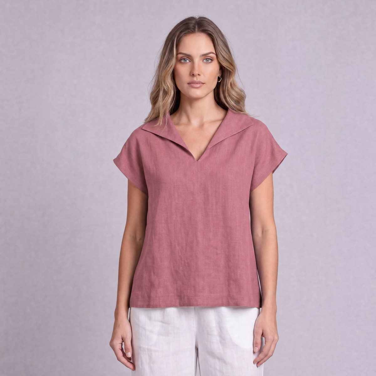 Linen Collared V-Neck Top in Dusty Rose, Ratń Swamini