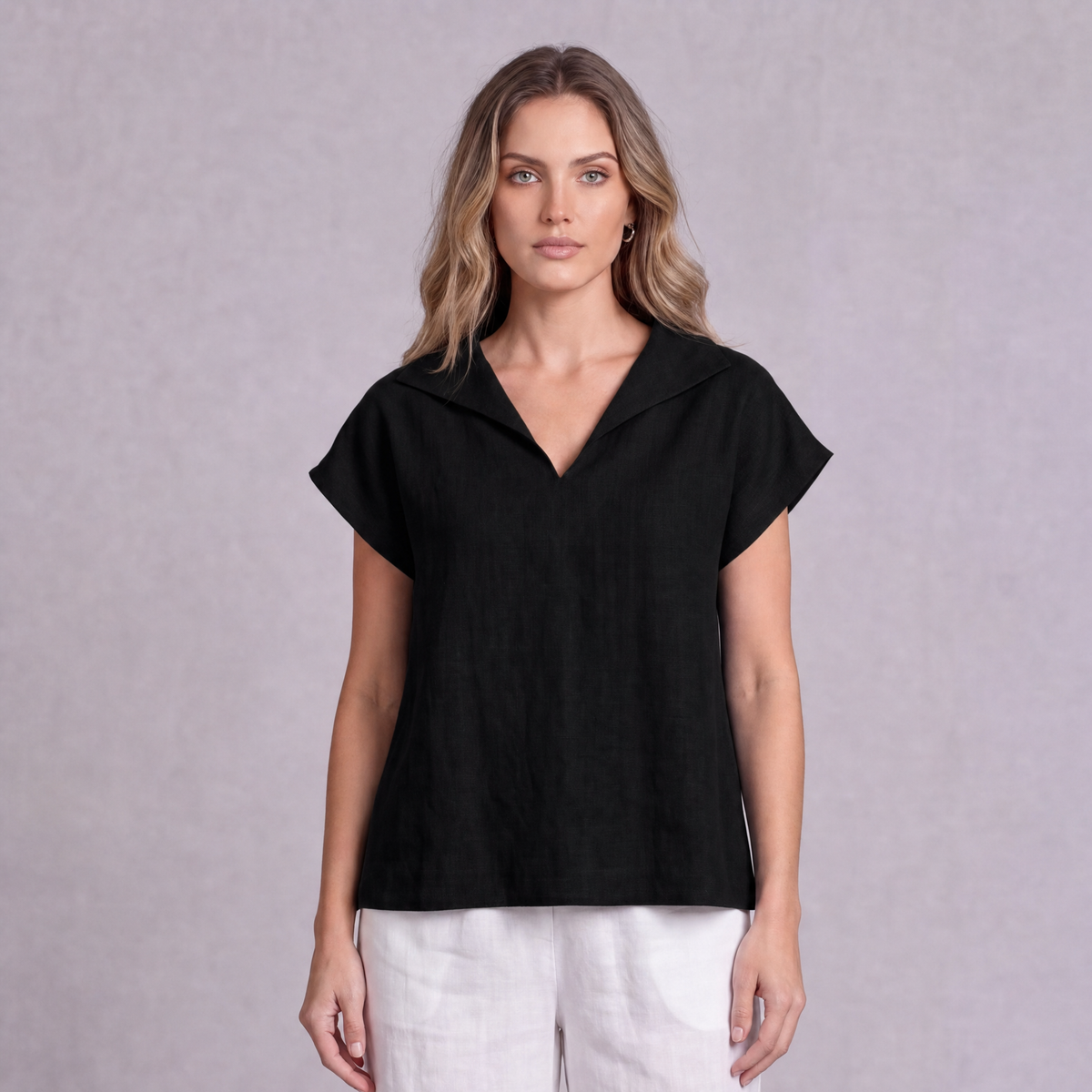 Linen Collared V-Neck Top in Black, Ratń Swamini