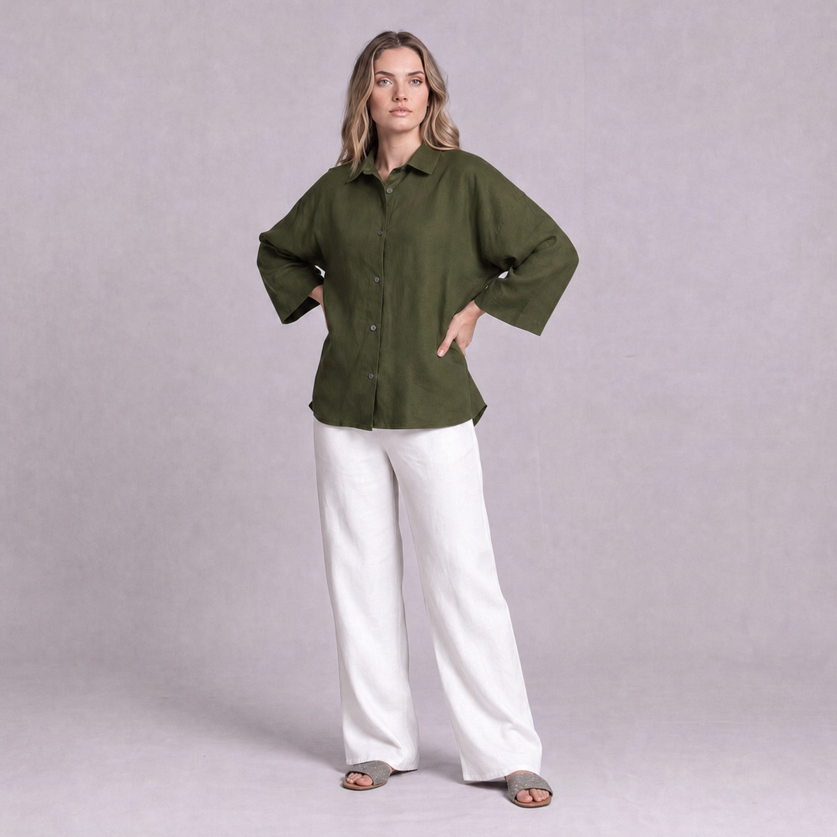 Oversized Linen Shirt in Moss Green - OEKO-TEX certified pure linen