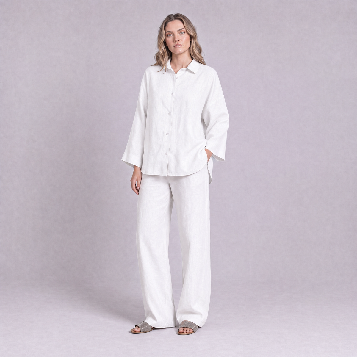 Oversized Linen Shirt in White - OEKO-TEX certified pure linen, front view