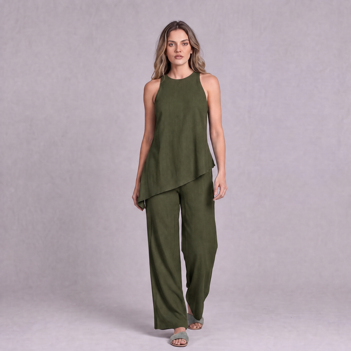 Linen Asymmetric Top & Wide Leg Trouser Co-ord Set in Moss Green - OEKO-TEX certified pure linen