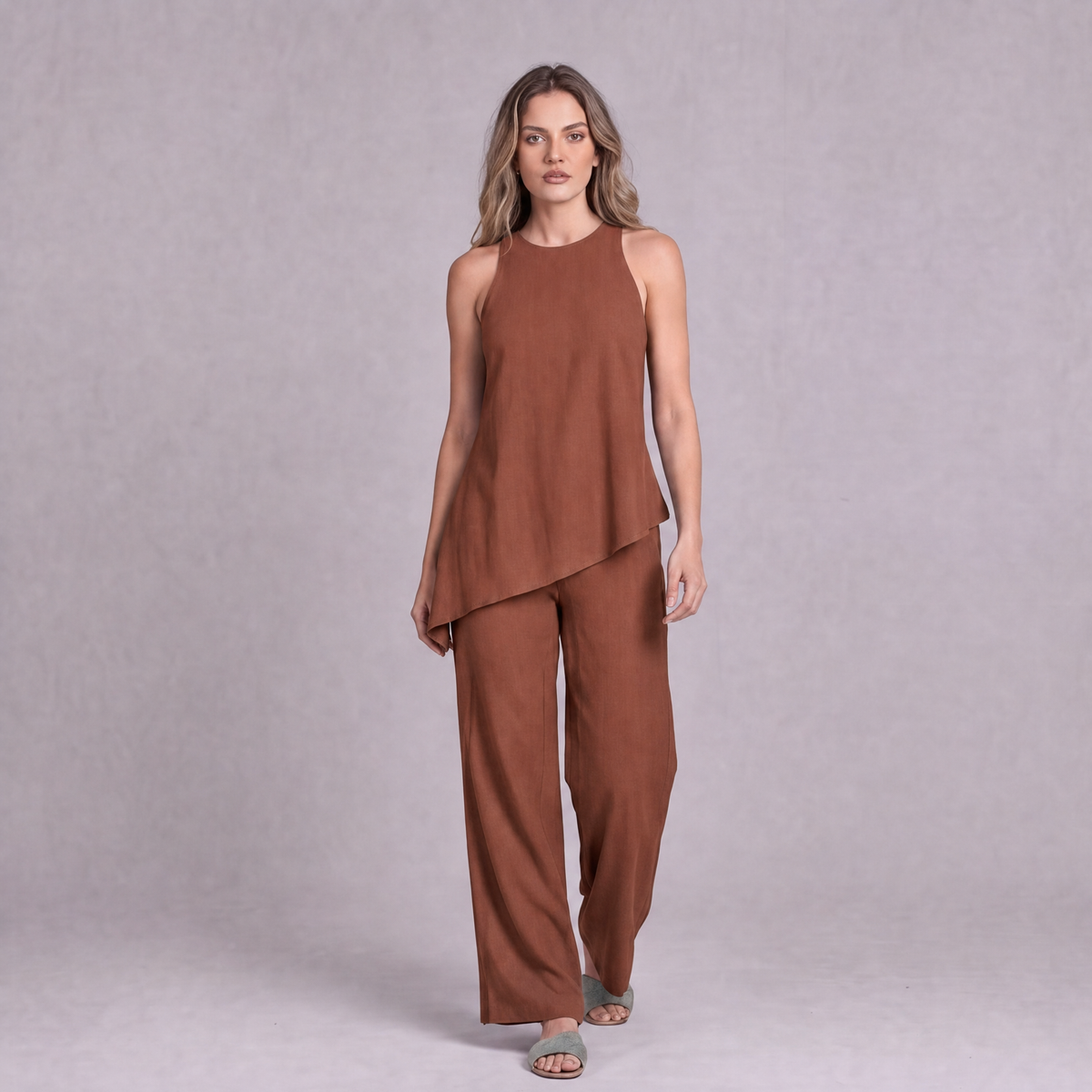 Linen Asymmetric Top & Wide Leg Trouser Co-ord Set in Terracotta - OEKO-TEX certified pure linen