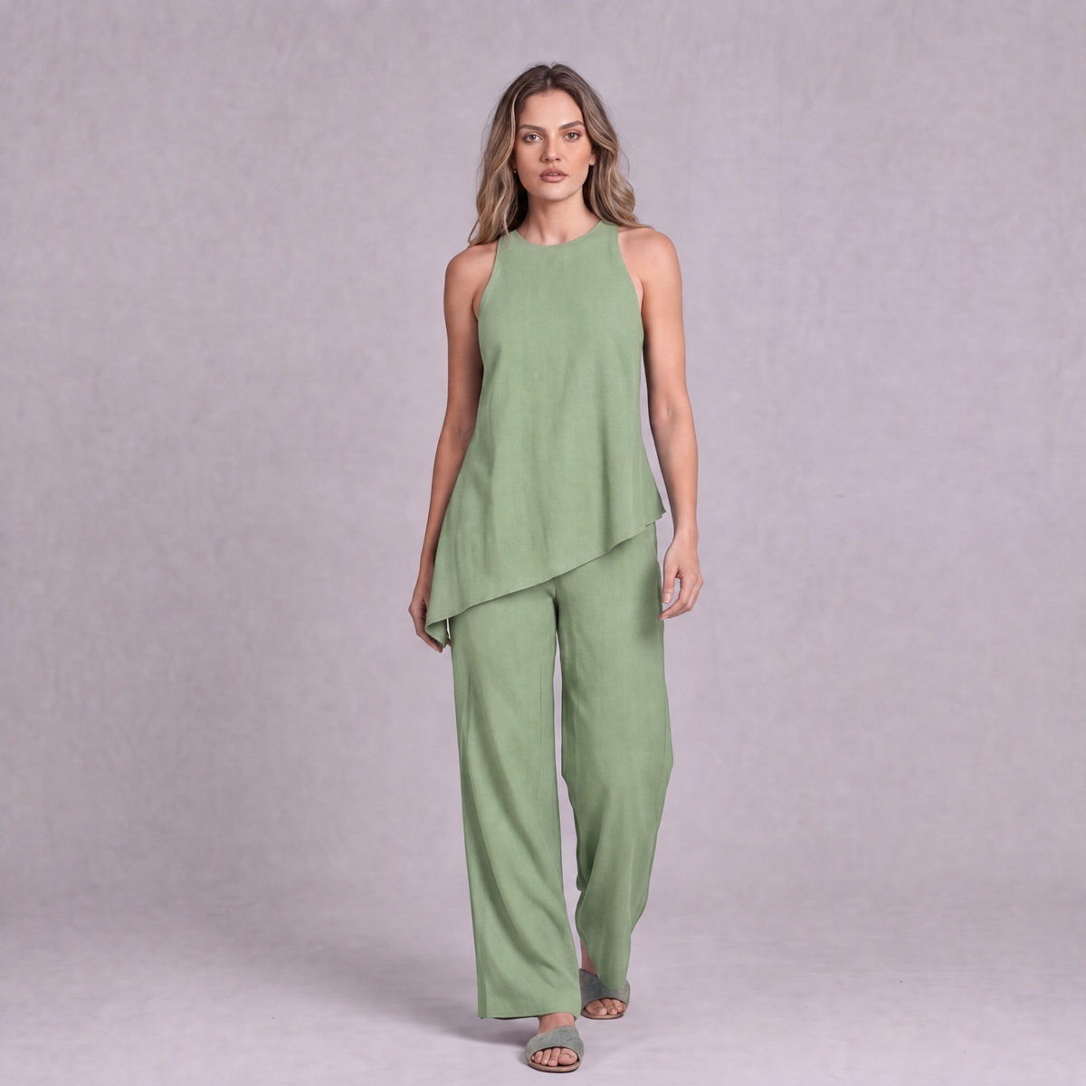 Linen Asymmetric Top & Wide Leg Trouser Co-ord Set in Sage Green - OEKO-TEX certified pure linen