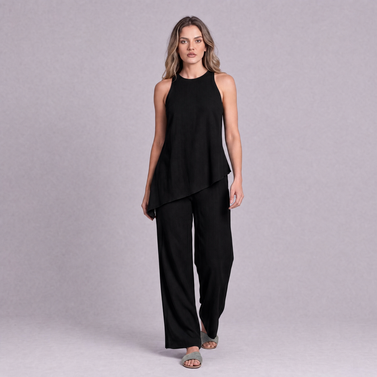 Linen Asymmetric Top & Wide Leg Trouser Co-ord Set in Black - OEKO-TEX certified pure linen