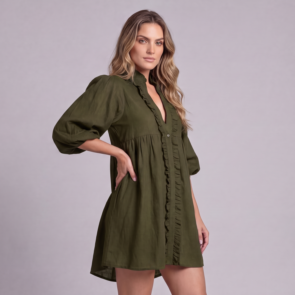 Linen Ruffle Front Mini Dress in Moss Green - OEKO-TEX certified pure linen