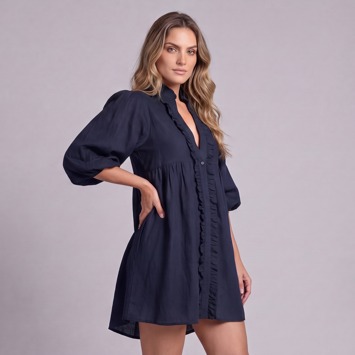 Linen Ruffle Front Mini Dress in Navy Blue - OEKO-TEX certified pure linen