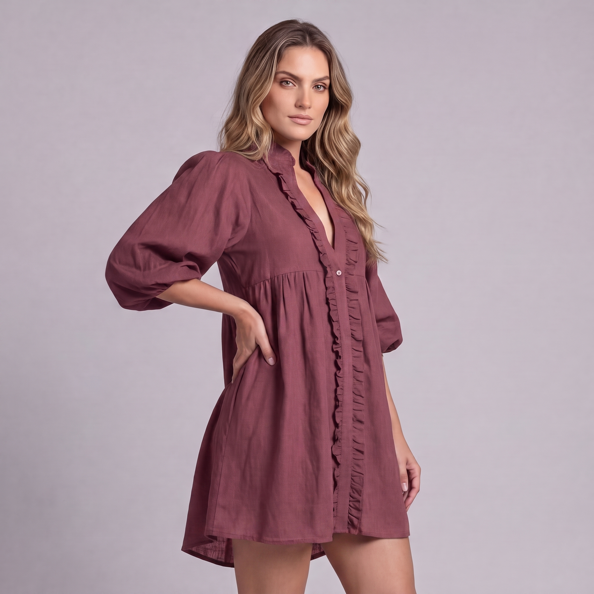 Linen Ruffle Front Mini Dress in Garnet - OEKO-TEX certified pure linen