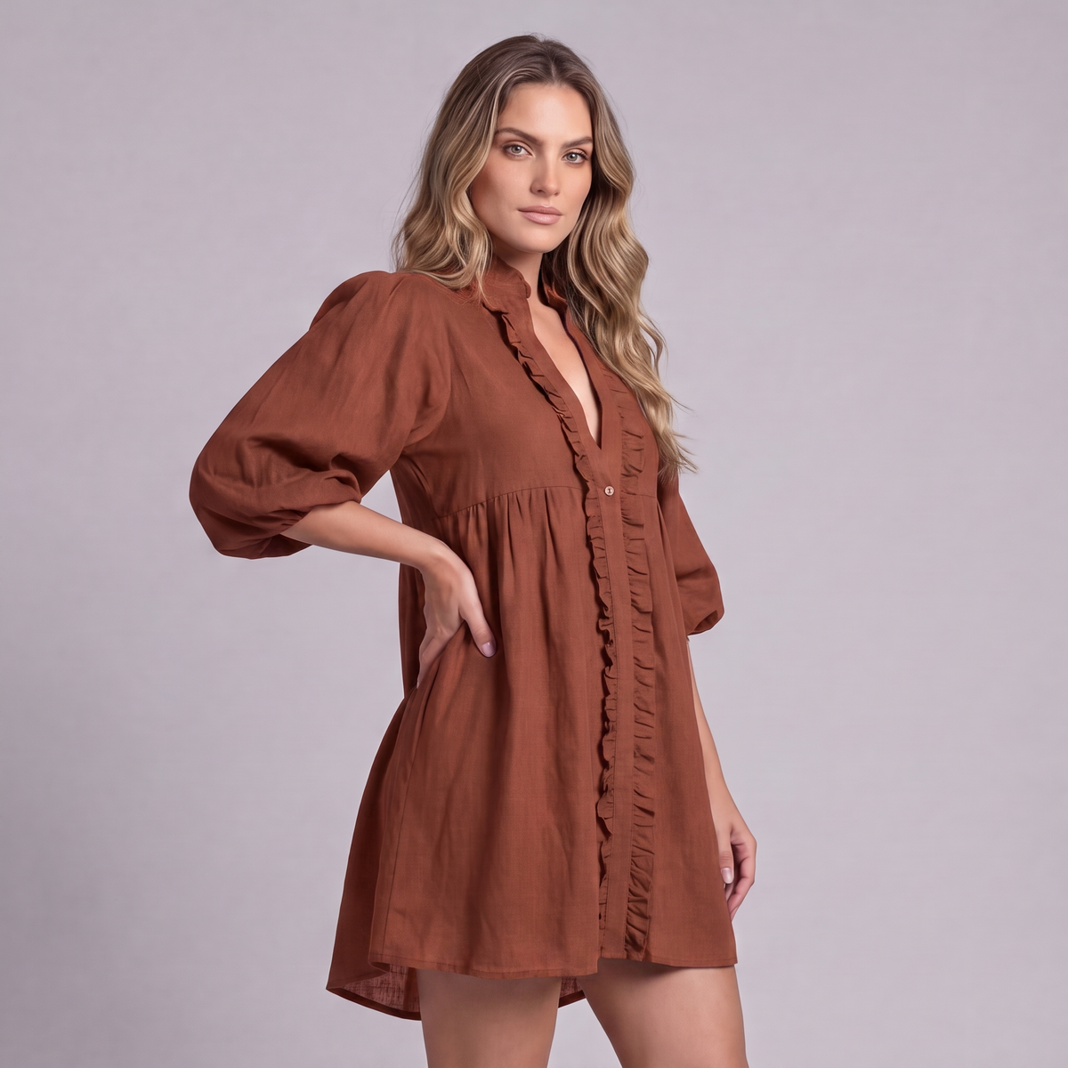 Linen Ruffle Front Mini Dress in Terracotta - OEKO-TEX certified pure linen