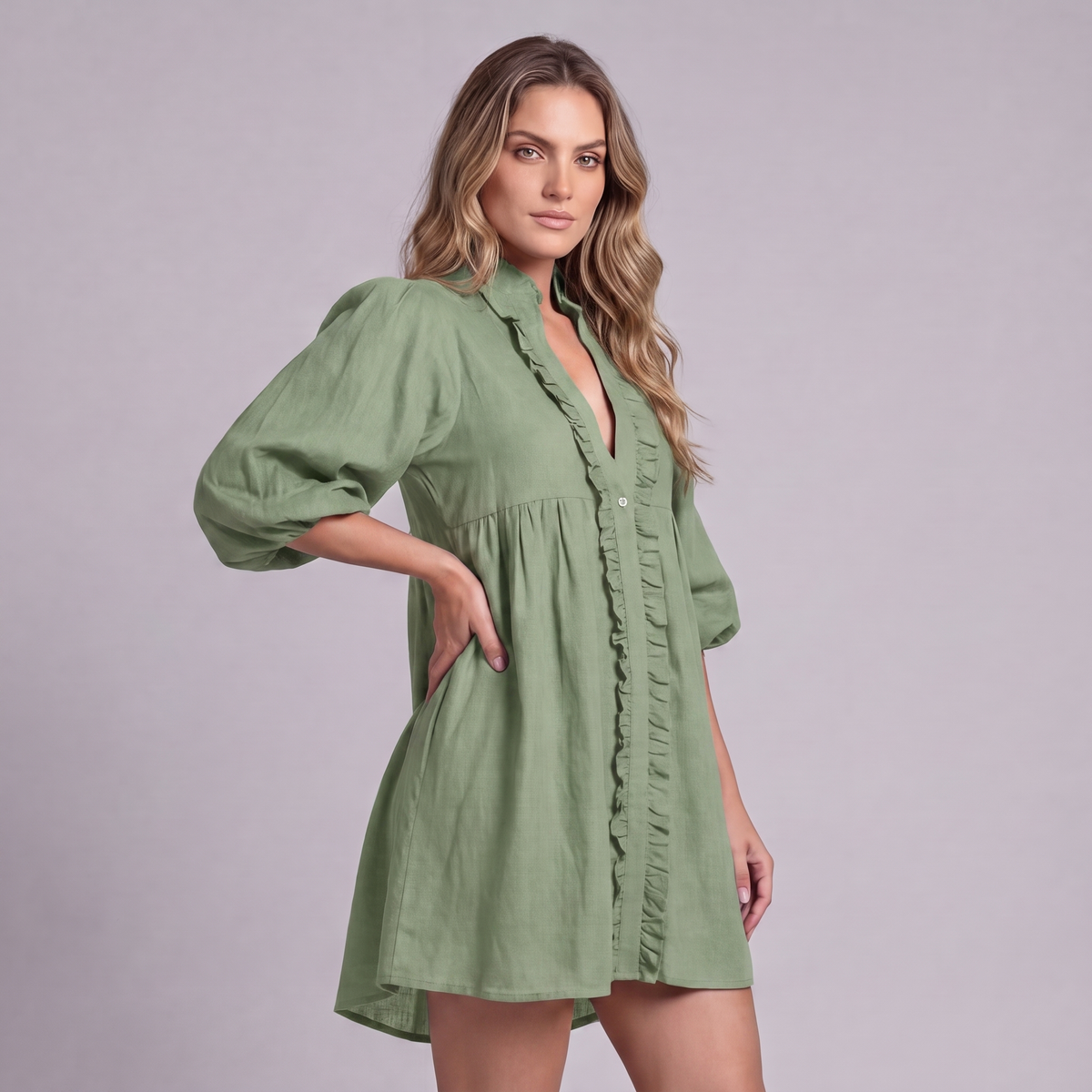Linen Ruffle Front Mini Dress in Sage Green - OEKO-TEX certified pure linen
