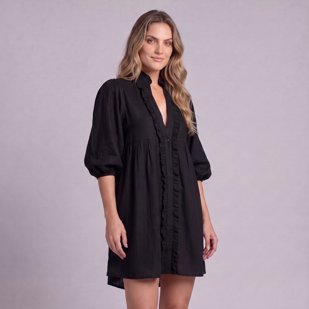 Linen Ruffle Front Mini Dress in Black - OEKO-TEX certified pure linen, front view