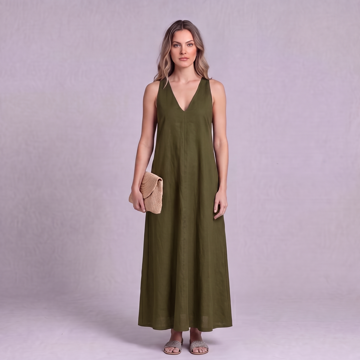 Linen Halter Maxi Dress in Moss Green - OEKO-TEX certified pure linen
