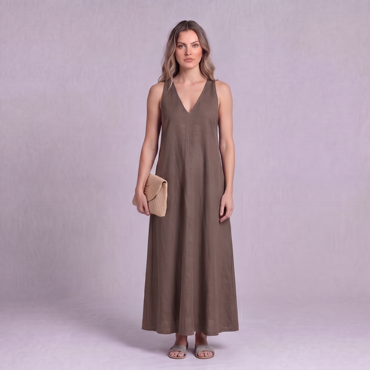 Linen Halter Maxi Dress in Burntwood - OEKO-TEX certified pure linen
