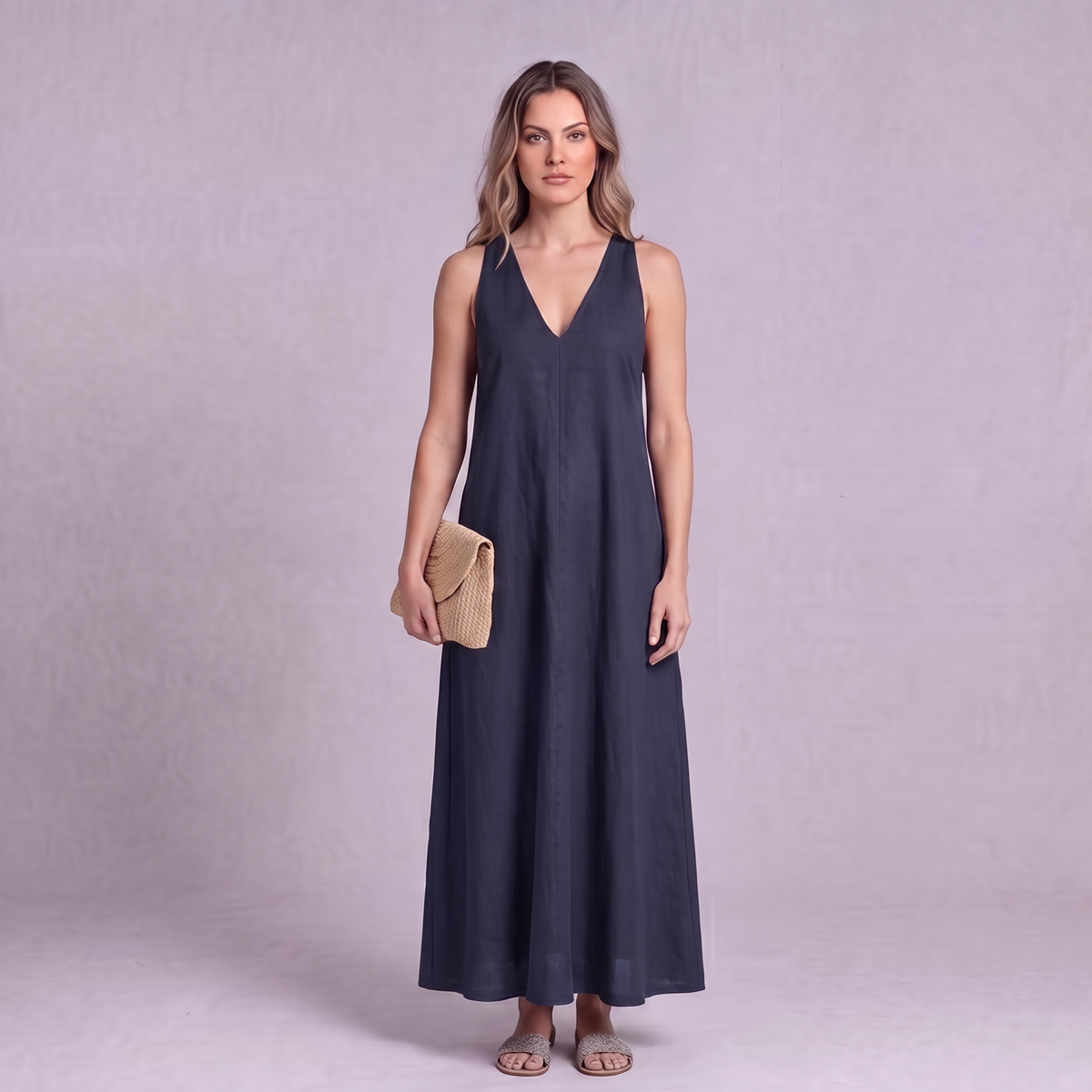 Linen Halter Maxi Dress in Navy Blue - OEKO-TEX certified pure linen