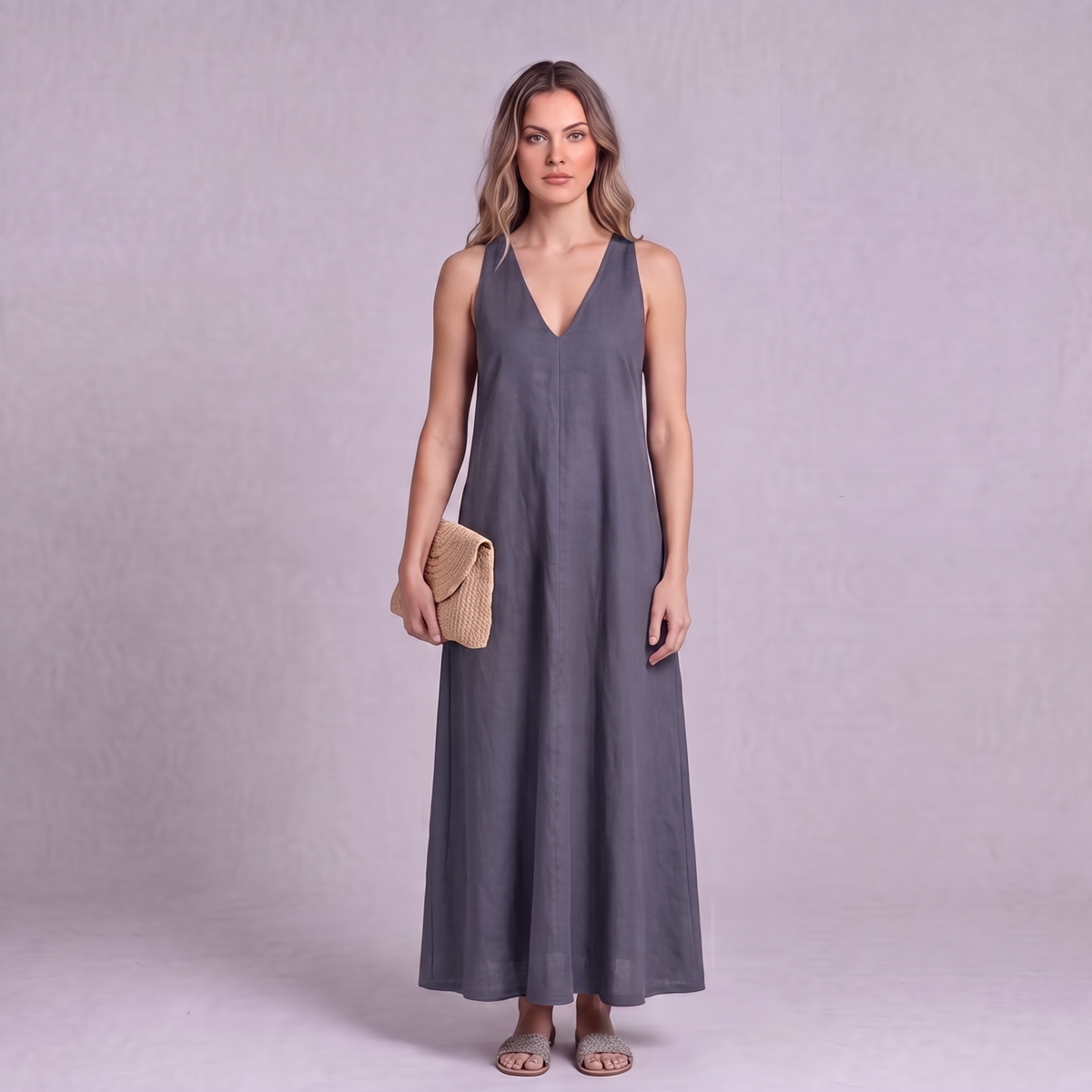 Linen Halter Maxi Dress in Slate Periwinkle Blue - OEKO-TEX certified pure linen