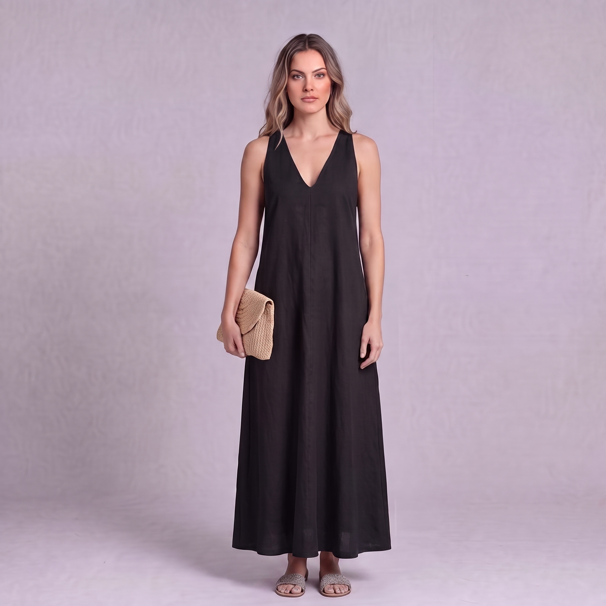 Linen Halter Maxi Dress in Black - OEKO-TEX certified pure linen
