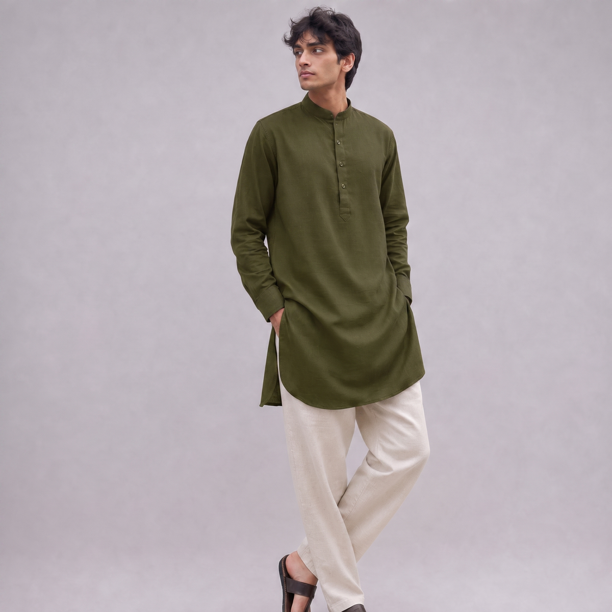 Linen Mandarin Collar Kurta Shirt in Moss Green - OEKO-TEX certified pure linen