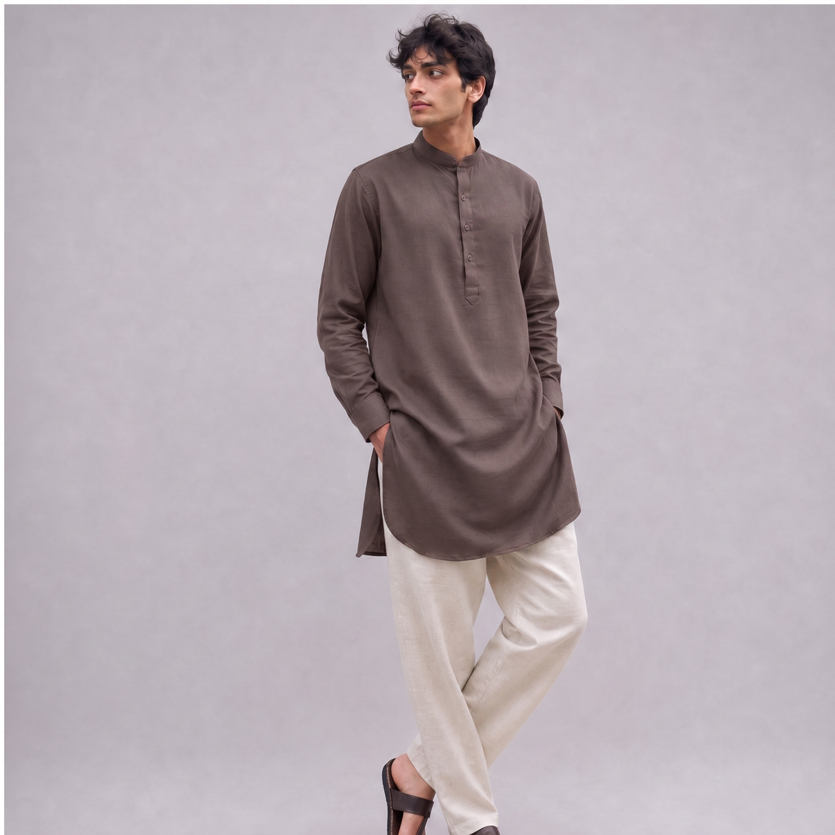 Linen Mandarin Collar Kurta Shirt in Burntwood - OEKO-TEX certified pure linen