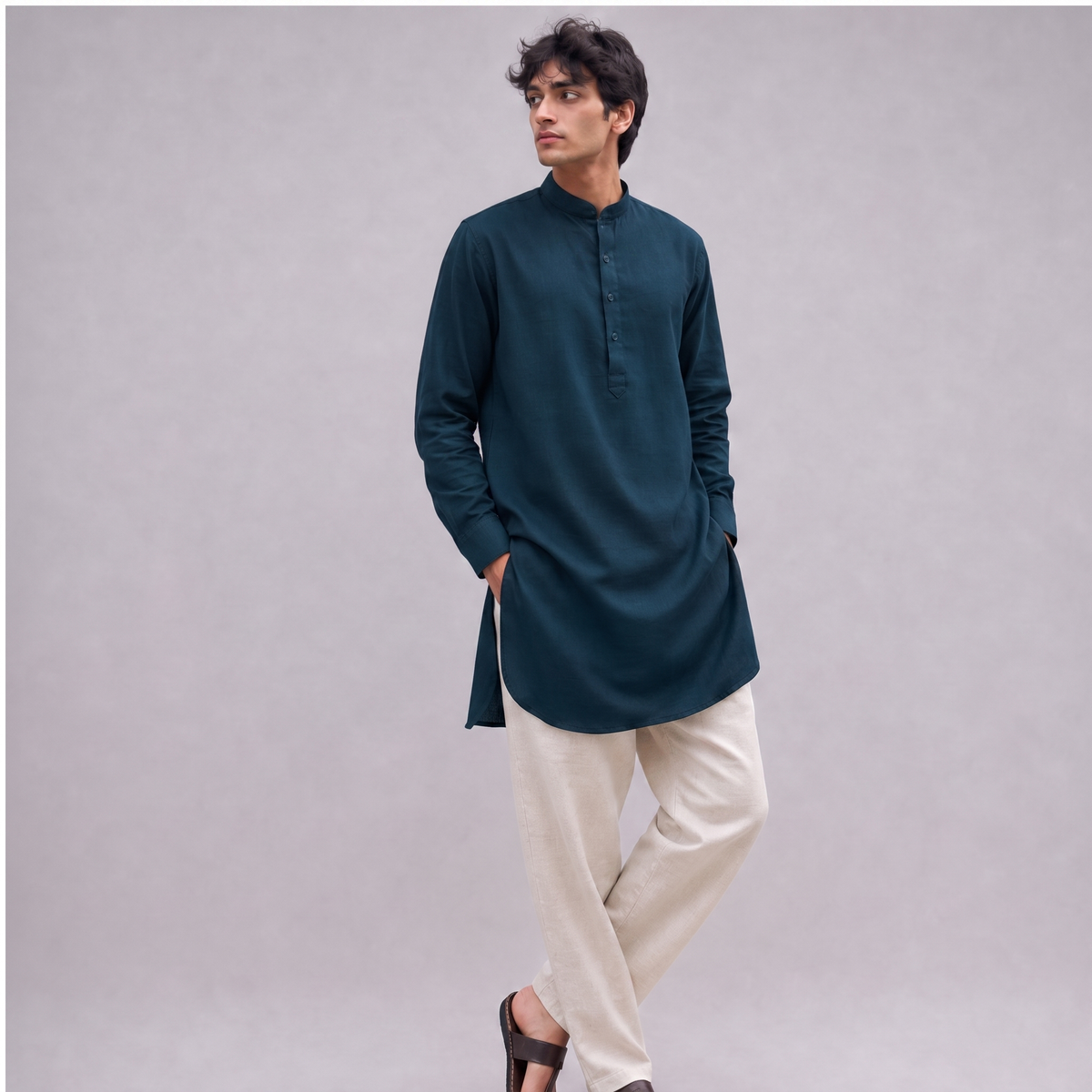 Linen Mandarin Collar Kurta Shirt in Blue Teal - OEKO-TEX certified pure linen