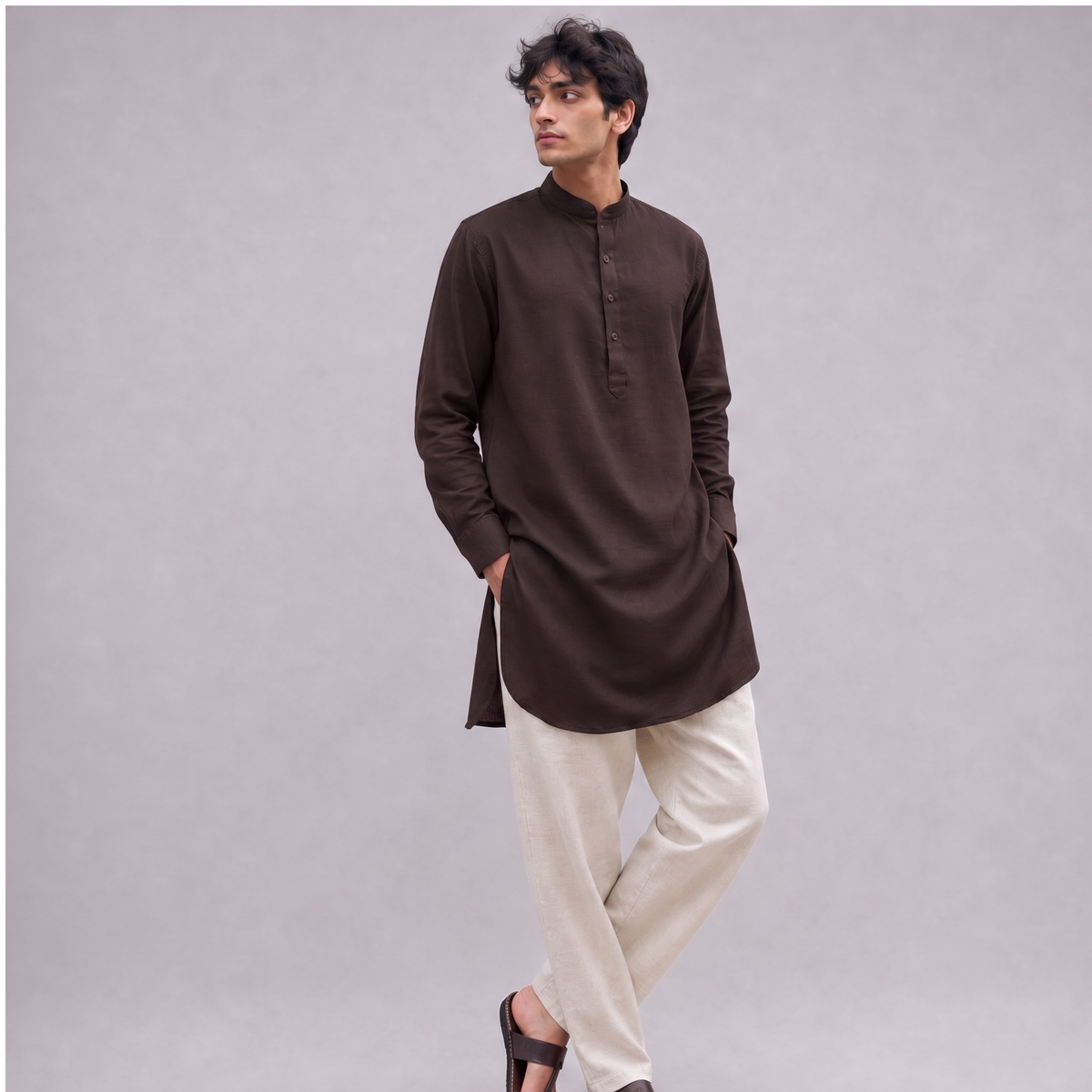 Linen Mandarin Collar Kurta Shirt in Chocolate Brown - OEKO-TEX certified pure linen
