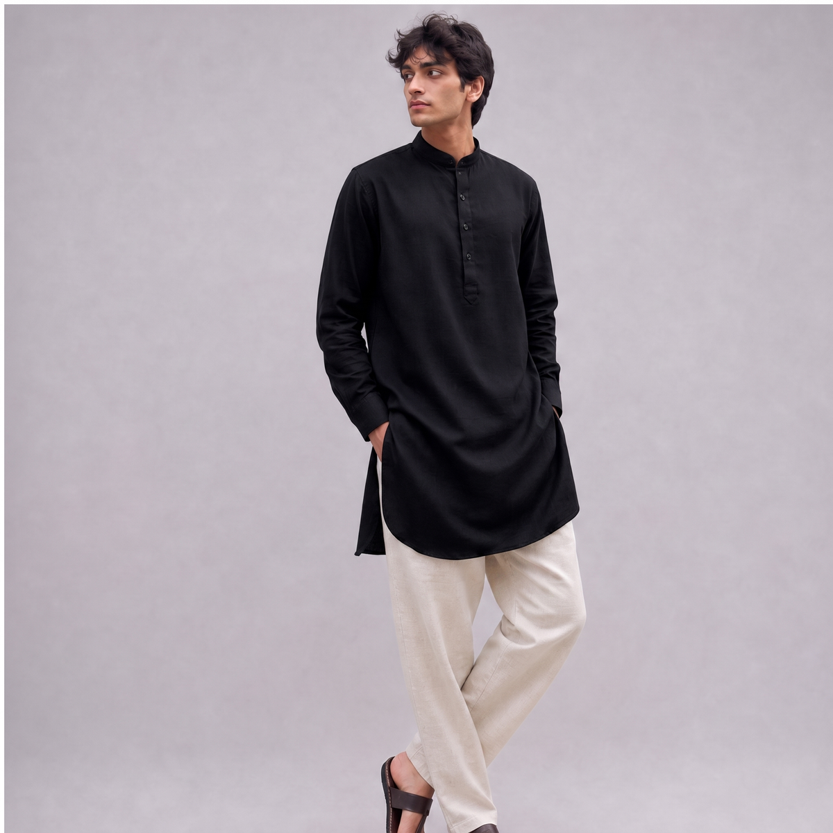 Linen Mandarin Collar Kurta Shirt in Black - OEKO-TEX certified pure linen