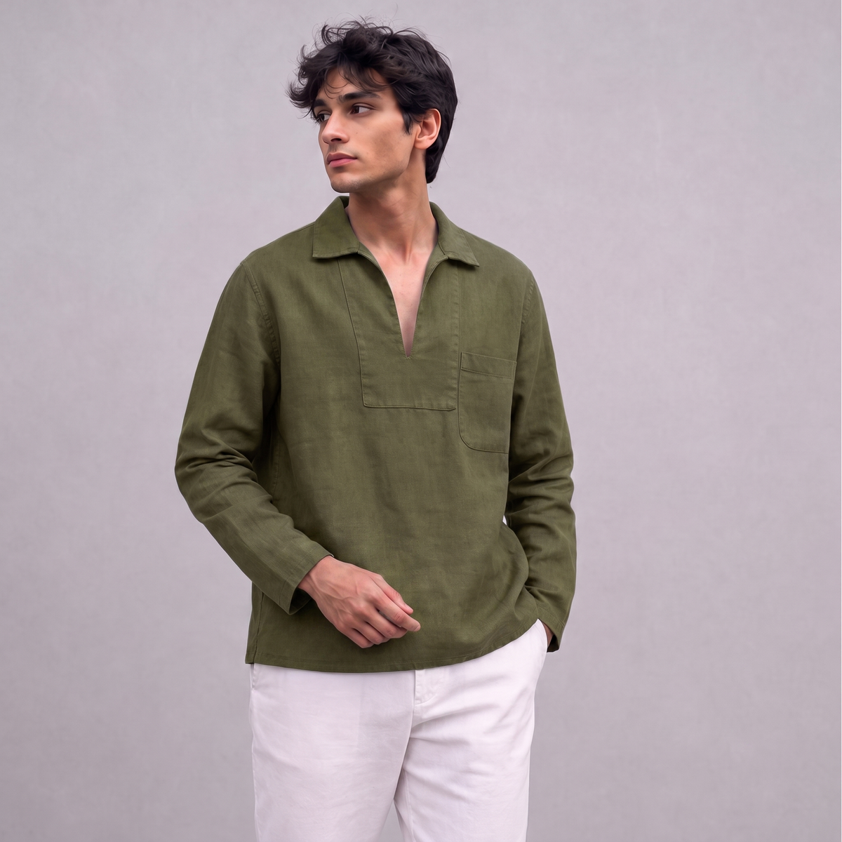 Linen Pullover Shirt in Moss Green - OEKO-TEX certified pure linen