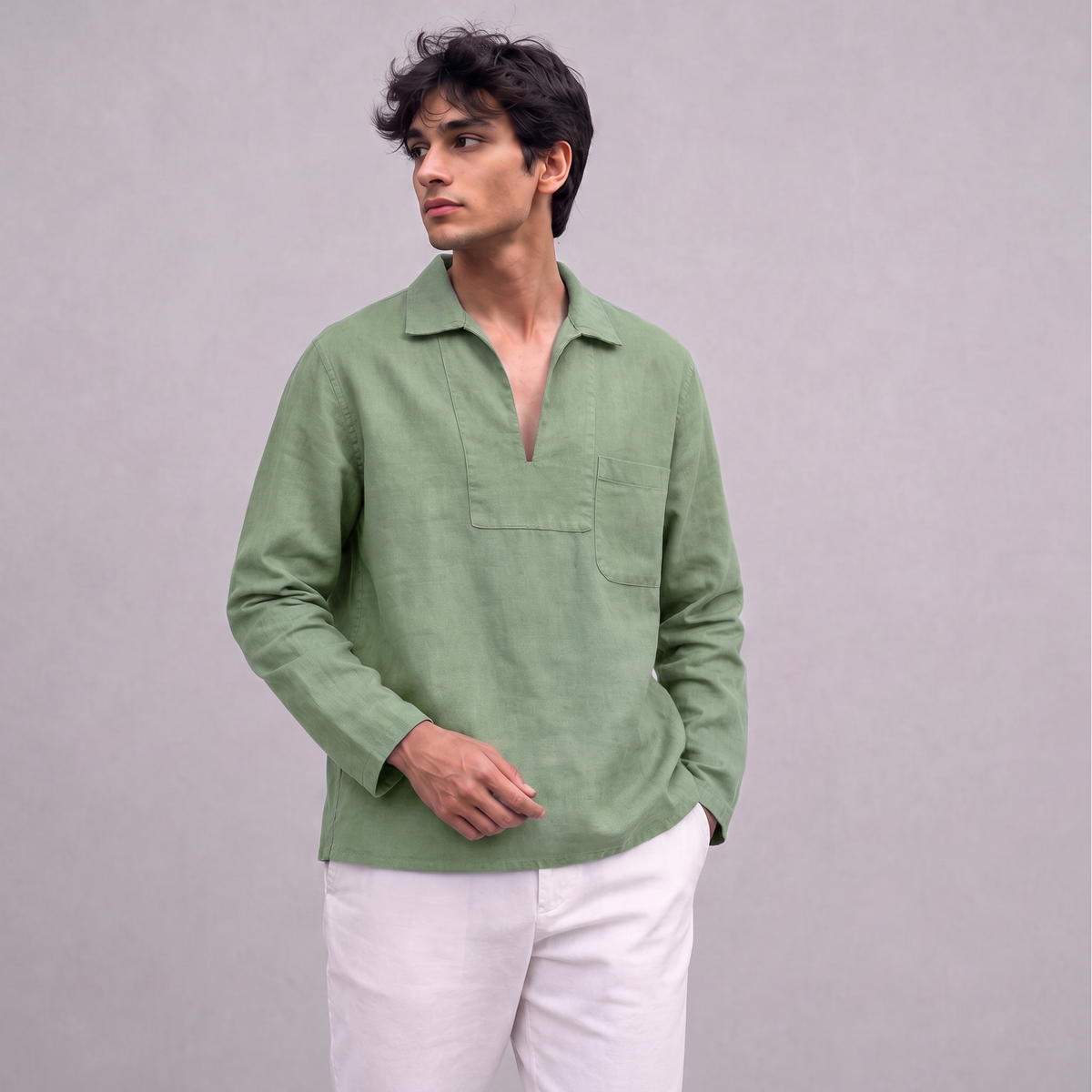 Linen Pullover Shirt in Sage Green - OEKO-TEX certified pure linen