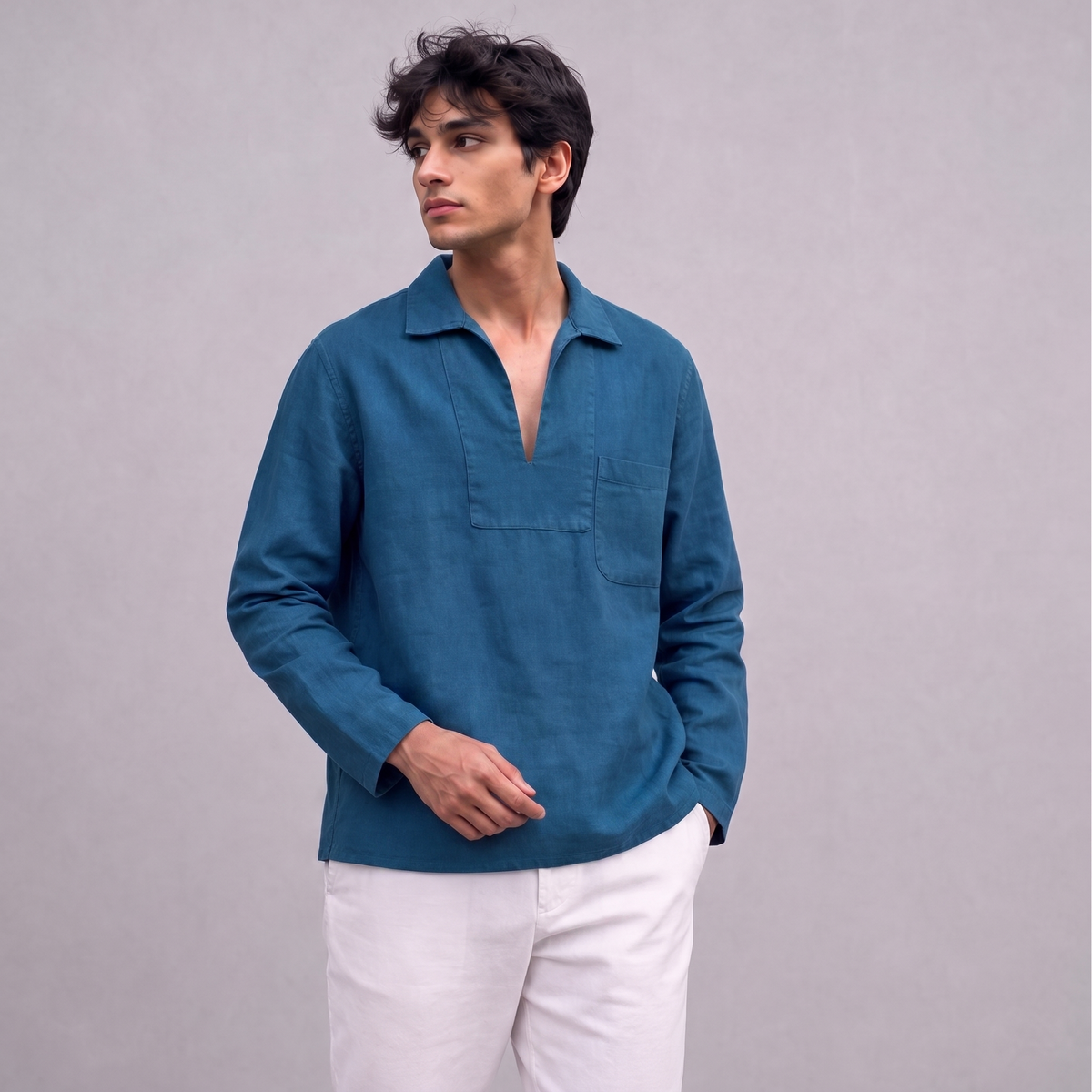 Linen Pullover Shirt in Blue Teal - OEKO-TEX certified pure linen