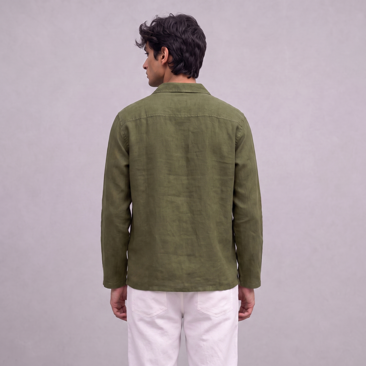 Linen Pullover Shirt in Moss Green - OEKO-TEX certified pure linen, back view