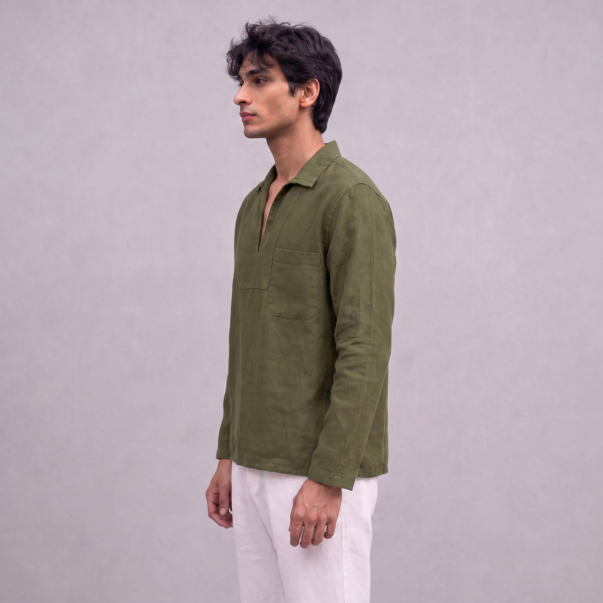 Linen Pullover Shirt in Moss Green - OEKO-TEX certified pure linen, side view