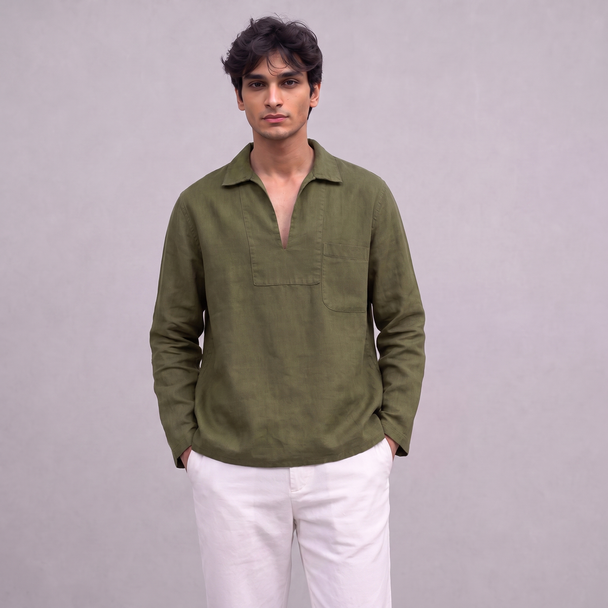 Linen Pullover Shirt in Moss Green - OEKO-TEX certified pure linen, front view