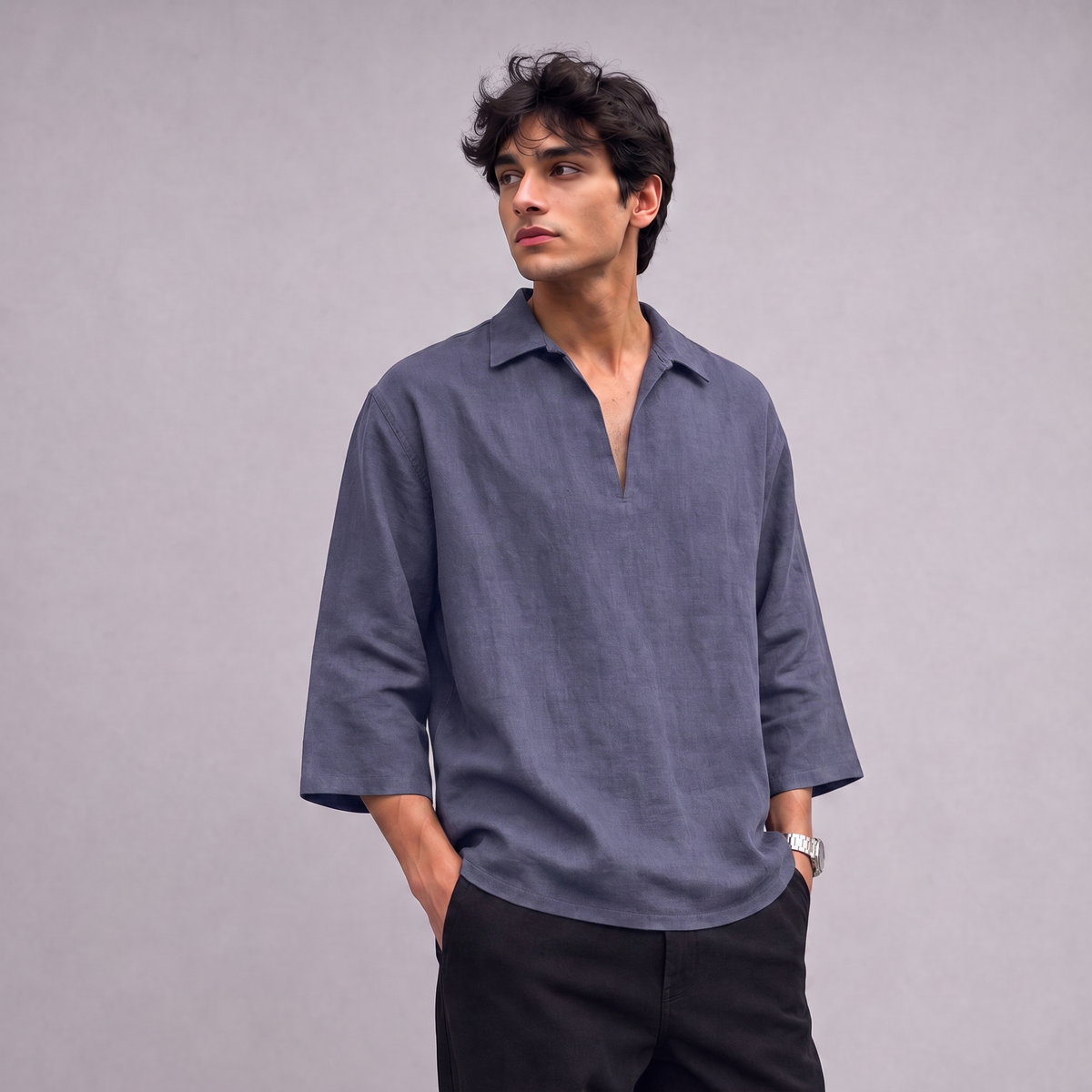 Linen Pullover Shirt in three quarter sleeve in Slate Periwinkle Blue - OEKO-TEX certified pure linen
