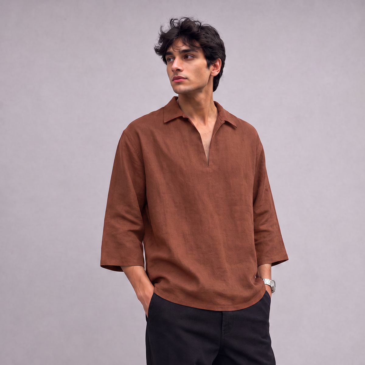 Linen Pullover Shirt in three quarter sleeve in Terracotta - OEKO-TEX certified pure linen