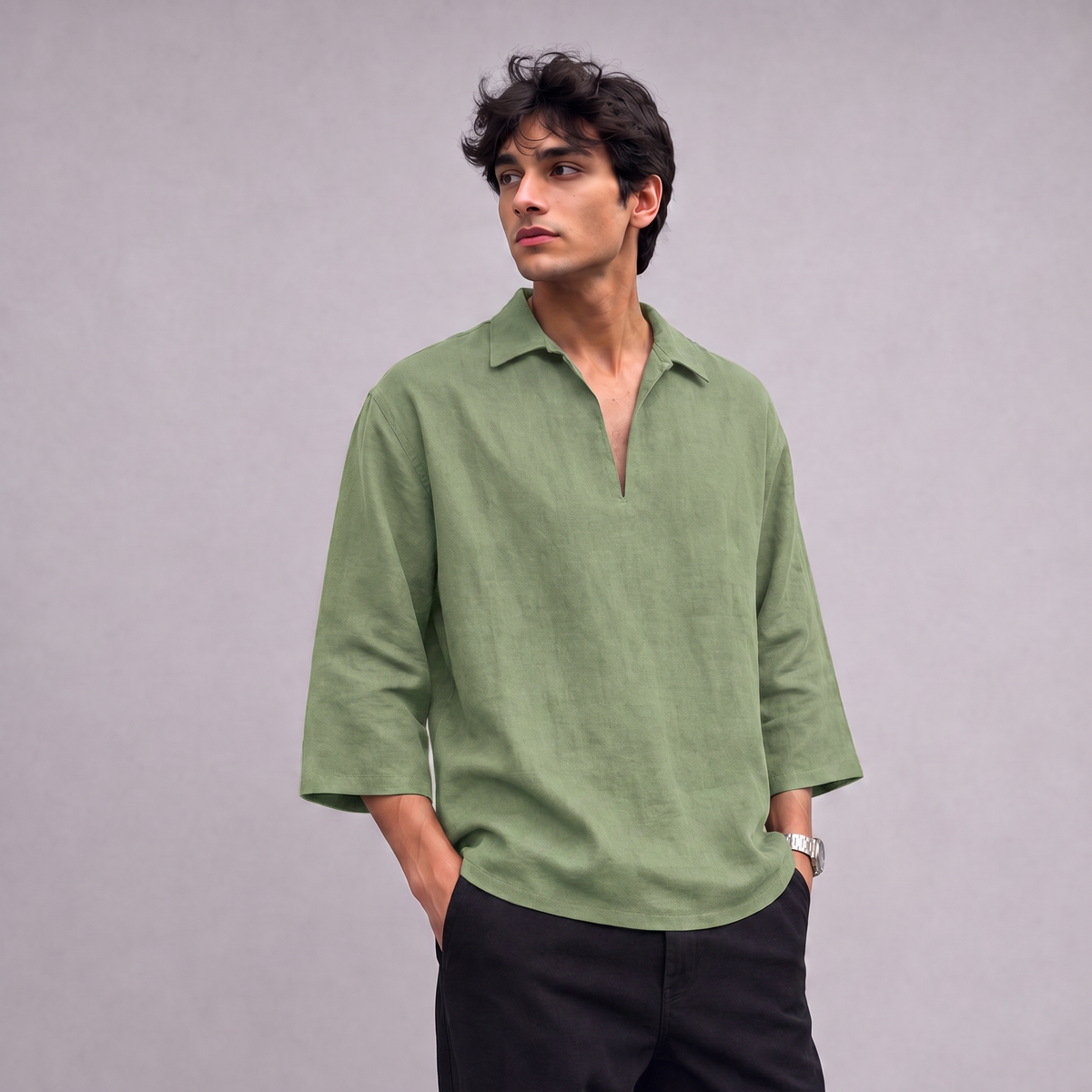 Linen Pullover Shirt in three quarter sleeve in Sage Green - OEKO-TEX certified pure linen