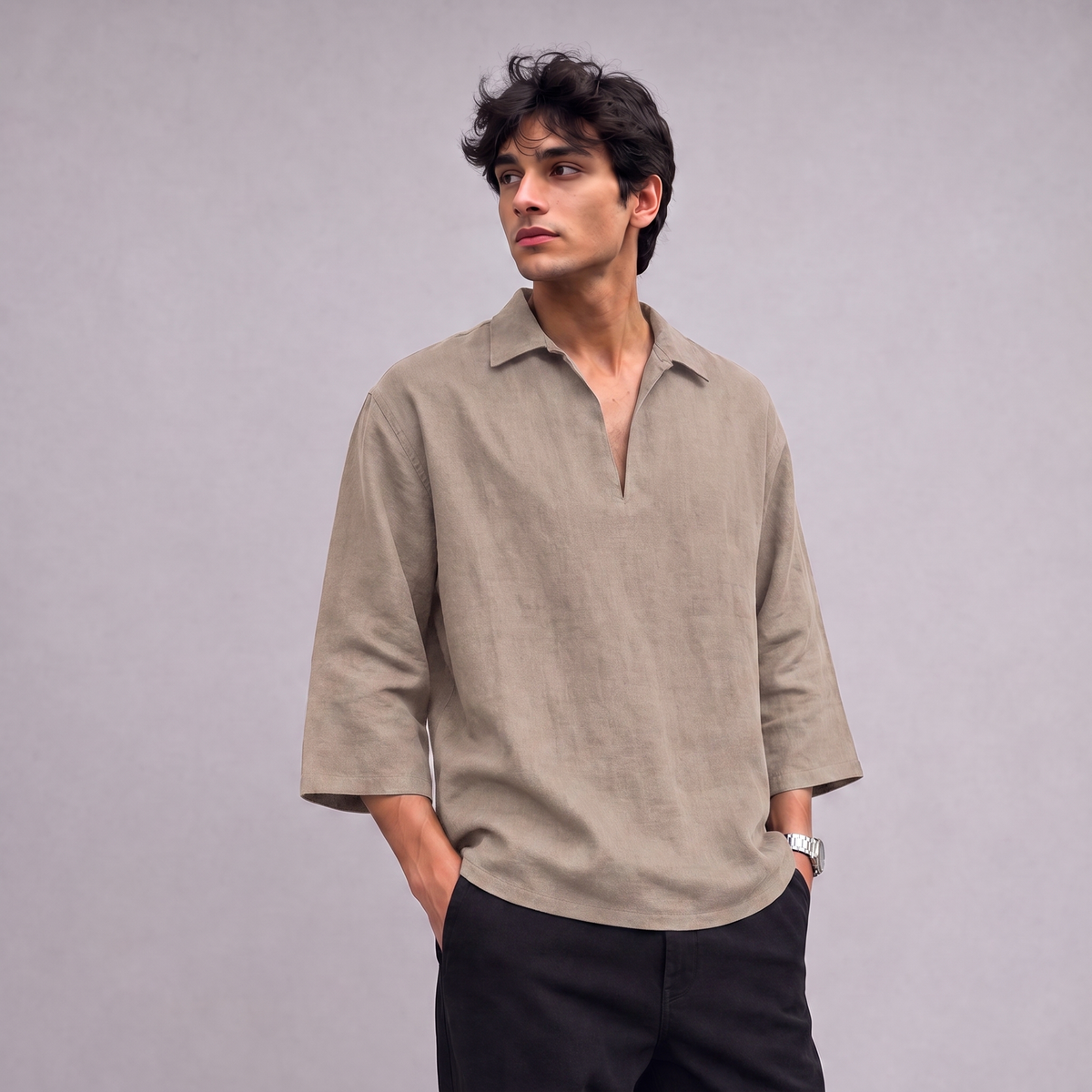 Linen Pullover Shirt in three quarter sleeve in Natural - OEKO-TEX certified pure linen